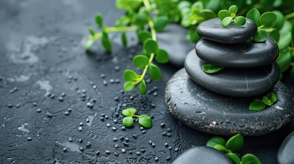 Natural spa setting with smooth stones and green plants
