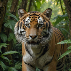 Fototapeta premium a tiger walking through the jungle with trees in the background