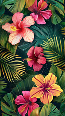 Colorful hawaiian design with exotic tropical plants