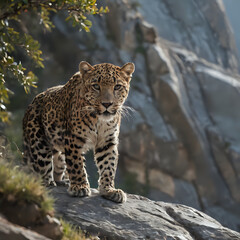 Fototapeta premium a leopard standing on a rock in the wild