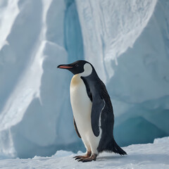 Obraz premium a penguin standing on the snow with a big iceberg in the background