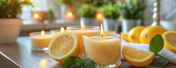 Soothing aromatherapy environment with citrus scents and candles