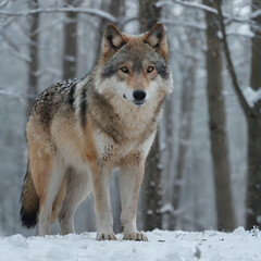 a wolf standing in the snow in the woods