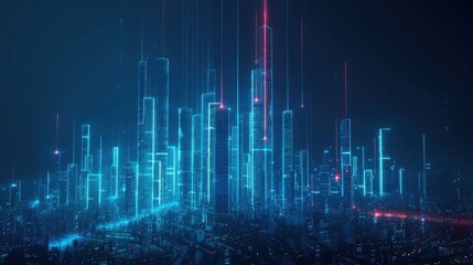 Naklejka premium A futuristic cityscape with blue holographic data streams overlaying a vibrant urban skyline. 