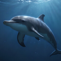 Fototapeta premium dolphin swimming in the ocean with sun shining through the water