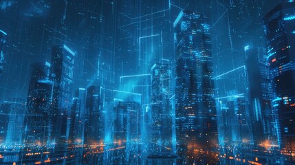Obraz premium A high-tech urban skyline overlaid with blue holographic lights and data streams. 