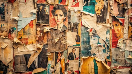 Fototapeta premium Distressed, worn, and faded old posters with torn edges, creases, and crumples, creating a vintage, grungy, and weathered textured background with empty space.