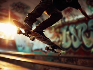 Skateboarder Performing Trick in Urban Skate Park with Graffiti and Sunlight