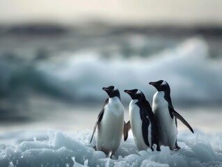 Obraz premium Three Penguins Standing on Ice with Ocean Waves in the Background on a Cold Winter Day