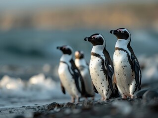 Naklejka premium Group of Penguins Standing on Rocky Beach with Ocean Waves in Background at Sunset