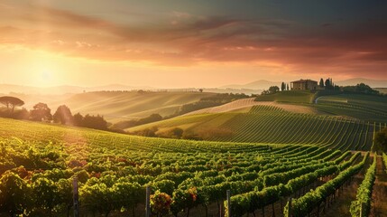 Fototapeta premium Stunning Sunset Over Rolling Vineyards in Tuscany, Italy with a Picturesque Farmhouse in the Distance