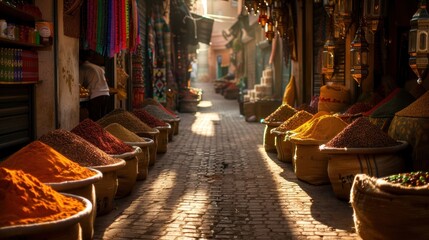 Obraz premium Vibrant Spice Market at Sunrise with Colorful Spices and Textiles in a Narrow Alleyway