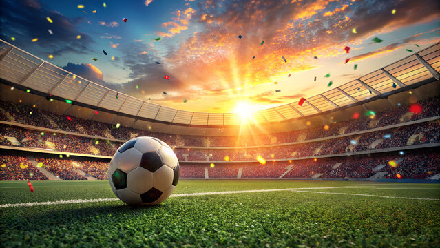 Fototapeta Fussball Feld mit Ball und Konfetti im Stadion bei Sonnenuntergang