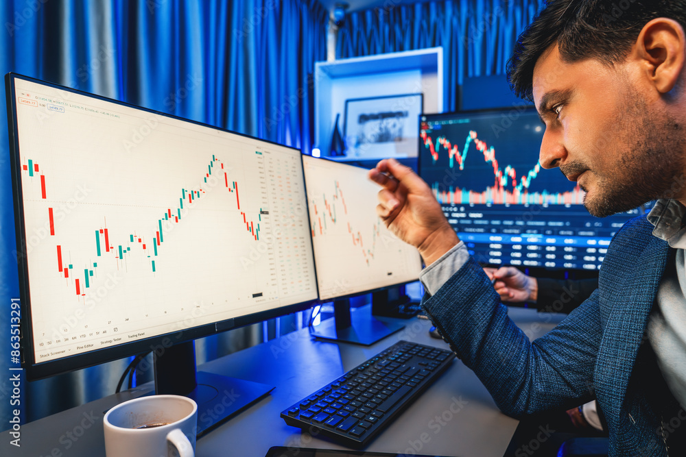 Poster stock trader partner focusing on investment dynamic graph with high profit in currency exchange rate