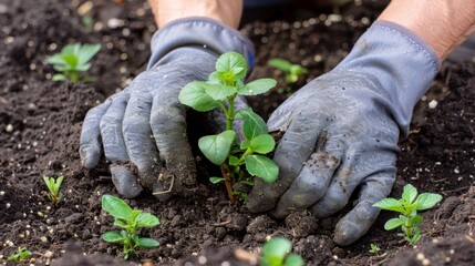 White-gloved hands hold a green seedling in rich soil, representing the cultivation and care of plants.
