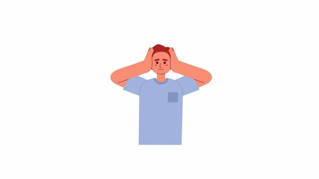Worried man holding head in hands 2D character animation. Headache feelings. Anxious guy flat color cartoon 4K video, alpha channel. Stressed student male animated person on white background