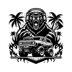 car monster and angry bear design logo for T-shirt