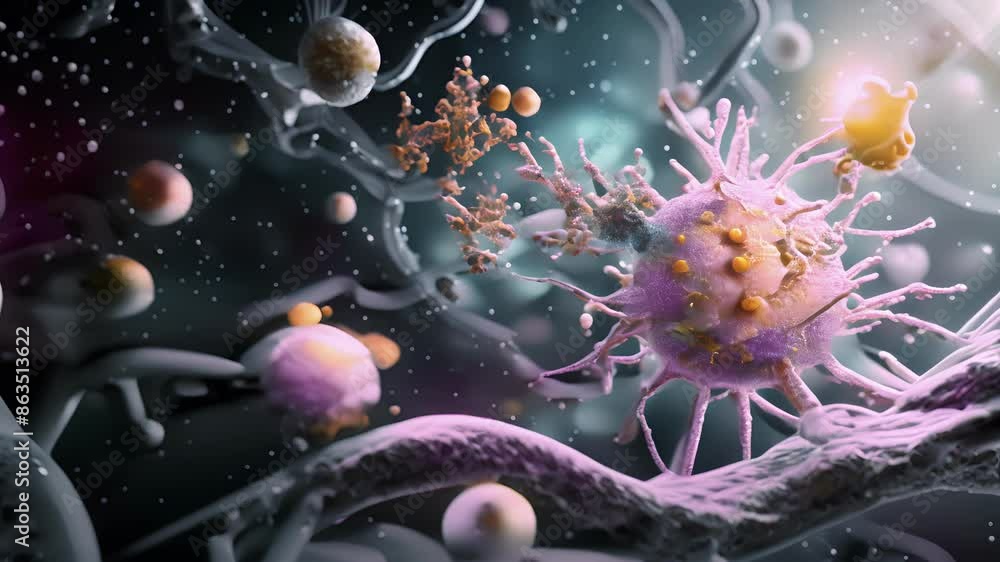 Poster a magnified view of a dendritic cell capturing an antigen and displaying it on its surface highlight