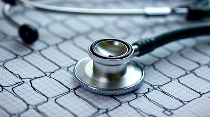 A stethoscope lies atop a heart rate monitor printout, representing cardiology and patient care.
