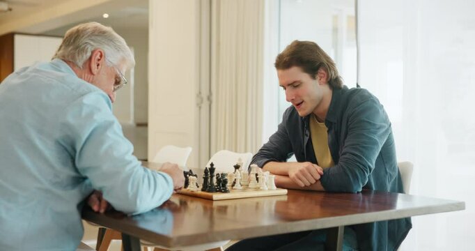 Chess, senior father and son with fun, playful and bonding together with happiness, weekend break and talk. Chatting, board game and relax with family, elderly man and people with hobby and chilling