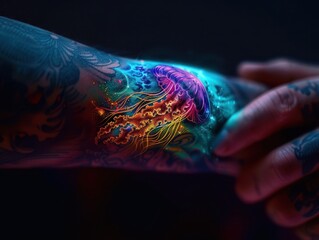 Vibrant Neon Jellyfish Tattoo on Forearm with Dark Background and Glowing Colors