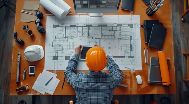 Construction Worker Reviewing Building Plans on a Desk