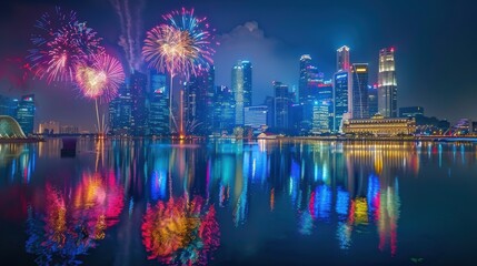 The iconic Singapore skyline is bathed in a dazzling display of fireworks, reflecting on the still waters of Marina Bay during National Day celebrations.