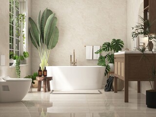 White freestanding bathtub, vanity counter, toilet in sunlight from window on beige marble tile...