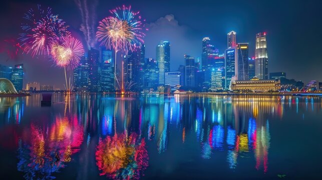 The iconic Singapore skyline is bathed in a dazzling display of fireworks, reflecting on the still waters of Marina Bay during National Day celebrations.