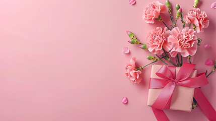 Fototapeta premium A greetings card with beautiful pink flowers on a pink background. Valentines Day and Mother's Day concept. Valentines day, wedding or birthday gift card. Pink flower and gift on pink background. 