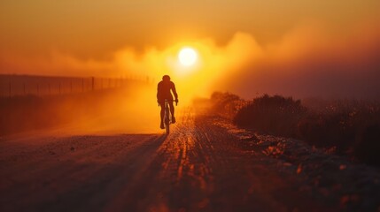 A man is riding a bicycle through a dusty road