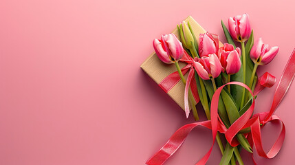 Fototapeta premium Pink flower and gift on pink background. Beautiful bunch of pink tulips flowers. Valentines Day. Mother's Day. Wedding or birthday gift card. Women's day. Copy space area for text