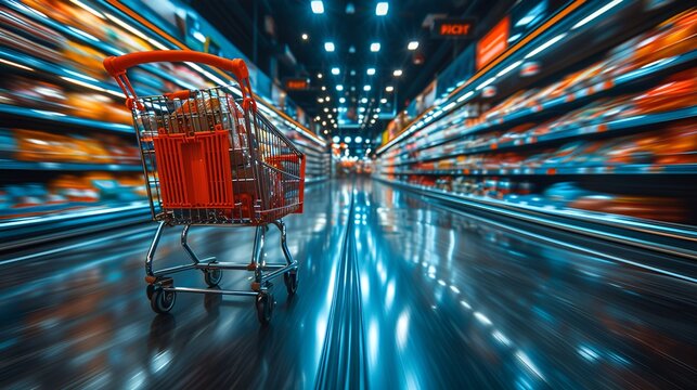 Big box chain discount warehouse retail store - club - membership - discount - value store - low angle shot - isle - grocery cart 