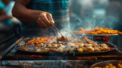 Street Vendor Cooking Delicious Food on a Hot Grill at a Bustling Outdoor Market