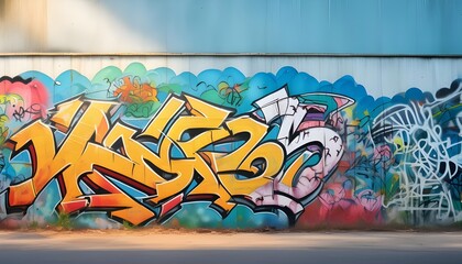 An urban background with a gritty, textured wall covered in graffiti art