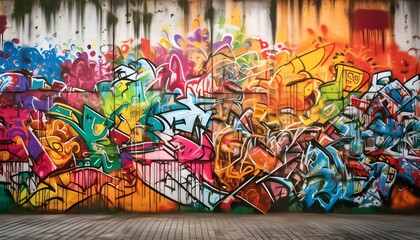 An urban background with a gritty, textured wall covered in graffiti art