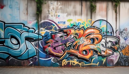 An urban background with a gritty, textured wall covered in graffiti art