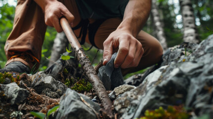 Obraz premium A man is digging in the dirt with a stick and a rock