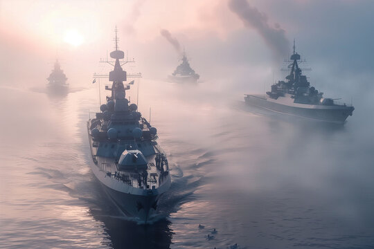 Charcoal Sunset Battleship: Imposing Naval Fleet at Evening
