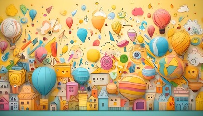 A whimsical background with playful, colorful doodles and icons scattered across a light yellow backdrop