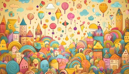 A whimsical background with playful, colorful doodles and icons scattered across a light yellow backdrop