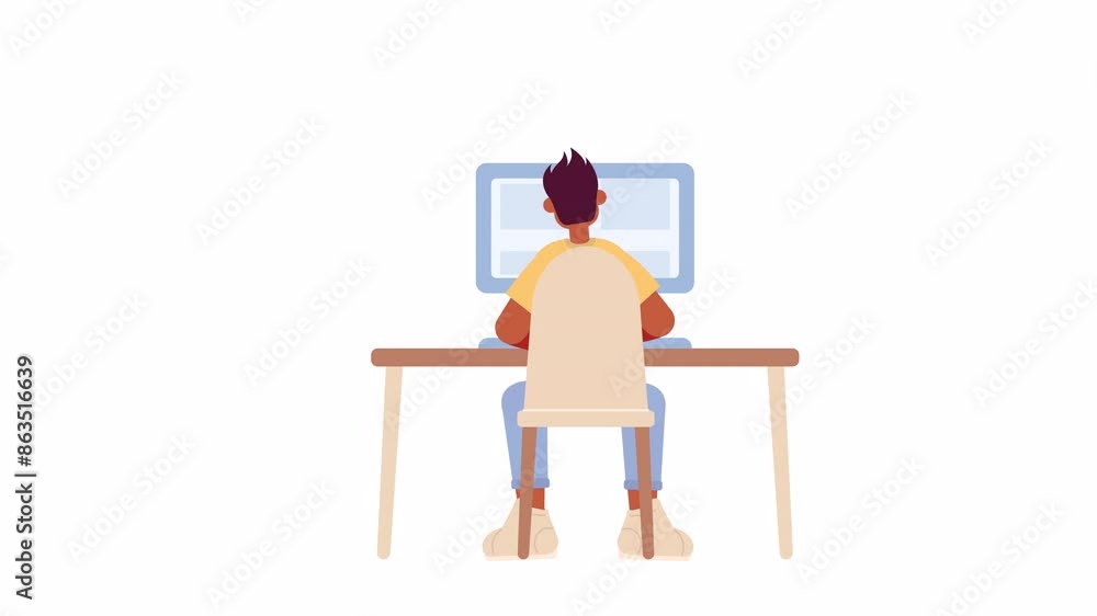 Poster back view black man typing computer at desk 2d character animation. freelancer employee at home offi
