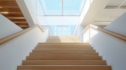 Fototapeta premium Stairs with wood and glass elements, natural light from a skylight, enhanced by a lively, colorful design