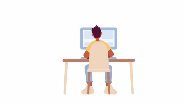 Back view black man typing computer at desk 2D character animation. Freelancer employee at home office flat color cartoon 4K video, alpha channel. Guy programmer animated person on white background