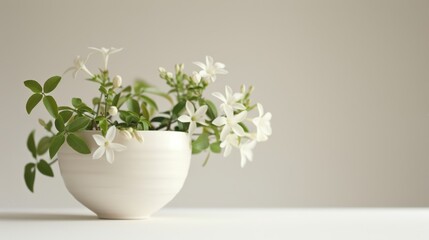 A sleek, white ceramic pot with clean lines holds a single, perfectly blooming jasmine flower. Delicate tendrils gracefully drape over the edge of the pot, creating a sense of simple elegance.