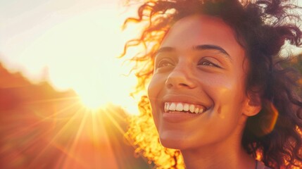 A person smiling and enjoying the sunshine, showcasing the potential mood-boosting effects of sun exposure and increased serotonin production.