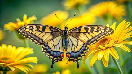 Fototapeta premium Delicate old world swallowtail butterfly with black and yellow wings perches on a bright yellow daisy flower head, set against a soft green background.