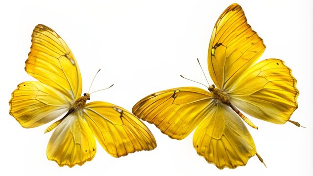 Vibrant yellow phoebis philea butterflies, one with spread wings, one in mid-air, isolated on pure white background, showcasing delicate beauty and freedom in motion.