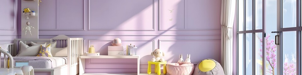 Playful Children's Room with Lavender Walls and Space-Saving Furniture