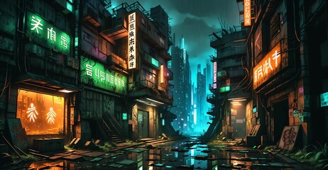 Obraz premium cyberpunk futuristic dystopian city street strip with shops, stores, and markets in urban downtown plaza. sci-fi civilization narrow market district.